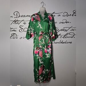 Babeyond Kimono Robe Green Floral Peacock Print Satin Lightweight, L
